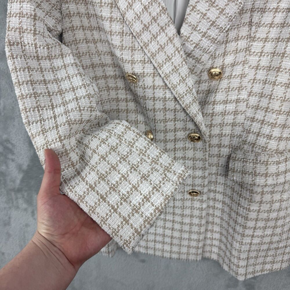 Tweed Double Breasted Blazer Suit Jacket White Brown Longer Length Women's S - Picture 8 of 12